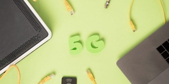 Top view 5g characters with ethernet cables